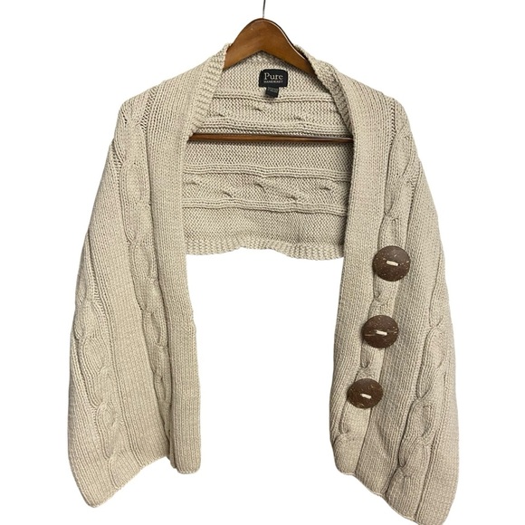 Pure HandKnit Cable Knit Shrug Scarf Wrap OS Oatmeal 3 Coconut Buttons Fall - Picture 1 of 11